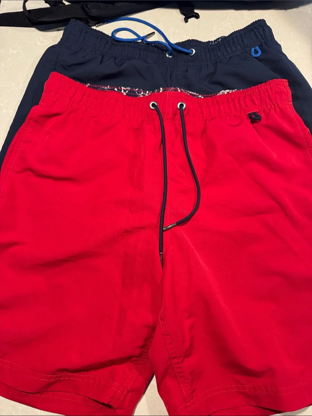Set of Lands' End Red and Navy Swim Trunks with Blue Drawcord